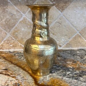 Vintage Mid Century Hand Etched Brass Vase